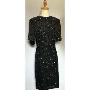 Stenay Black Iridescent Silk Sequin Dress Short Sleeve Vintage Sz 14 Modern sz12
